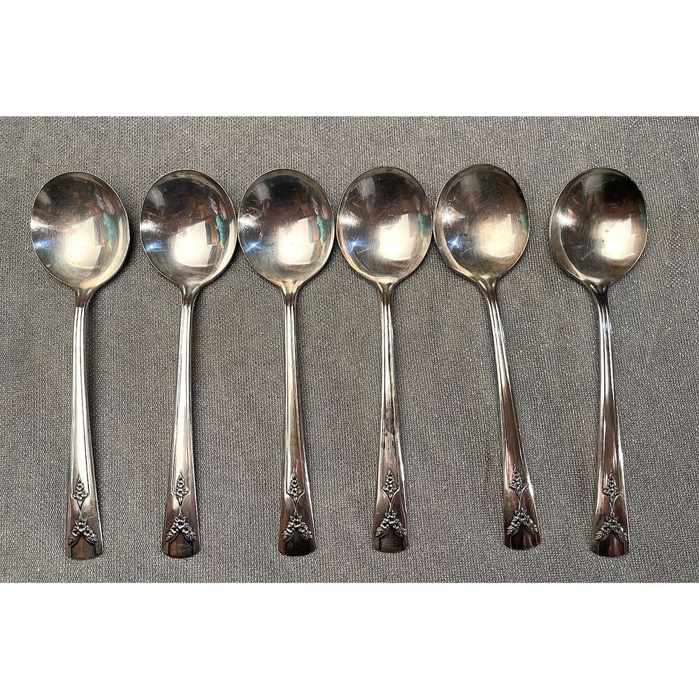 Vintage Gailstyn Rosebud Silverplate Round Soup Spoons Set of 6 Floral Flatware